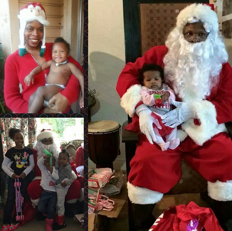 Multiple images of Santa and Mrs. Claus with children for Toy Drive